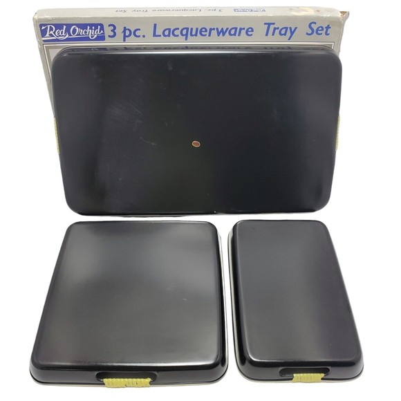 Vintage Red Orchid Lacquerware Nesting Tray Set Hibiscus And Hummingbird Motif - Picture 3 of 12